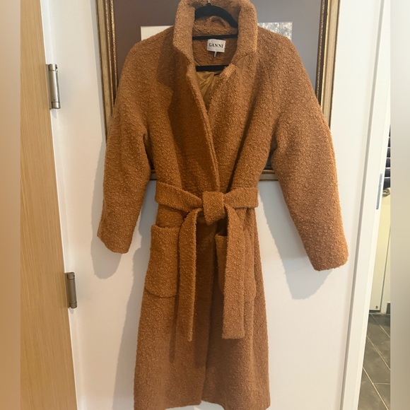 Ganni Fenn Bouclé Wrap Coat – Camel / Brown – XS – Belted Wool Blend (Rare) - Picture 1 of 9